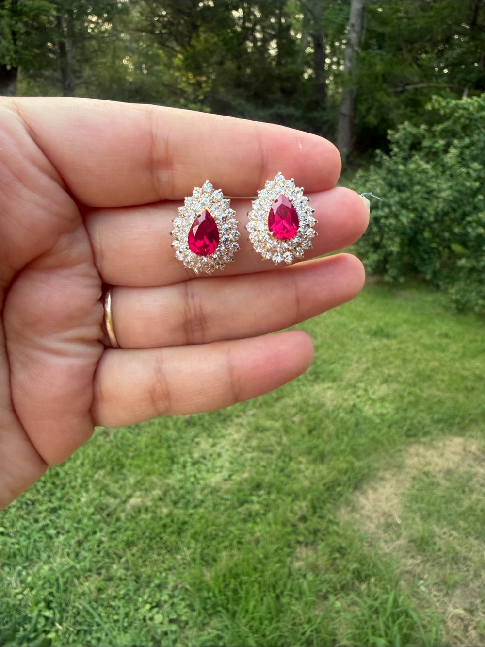 Vintage Teardrop Faux Ruby Halo Stud Earrings